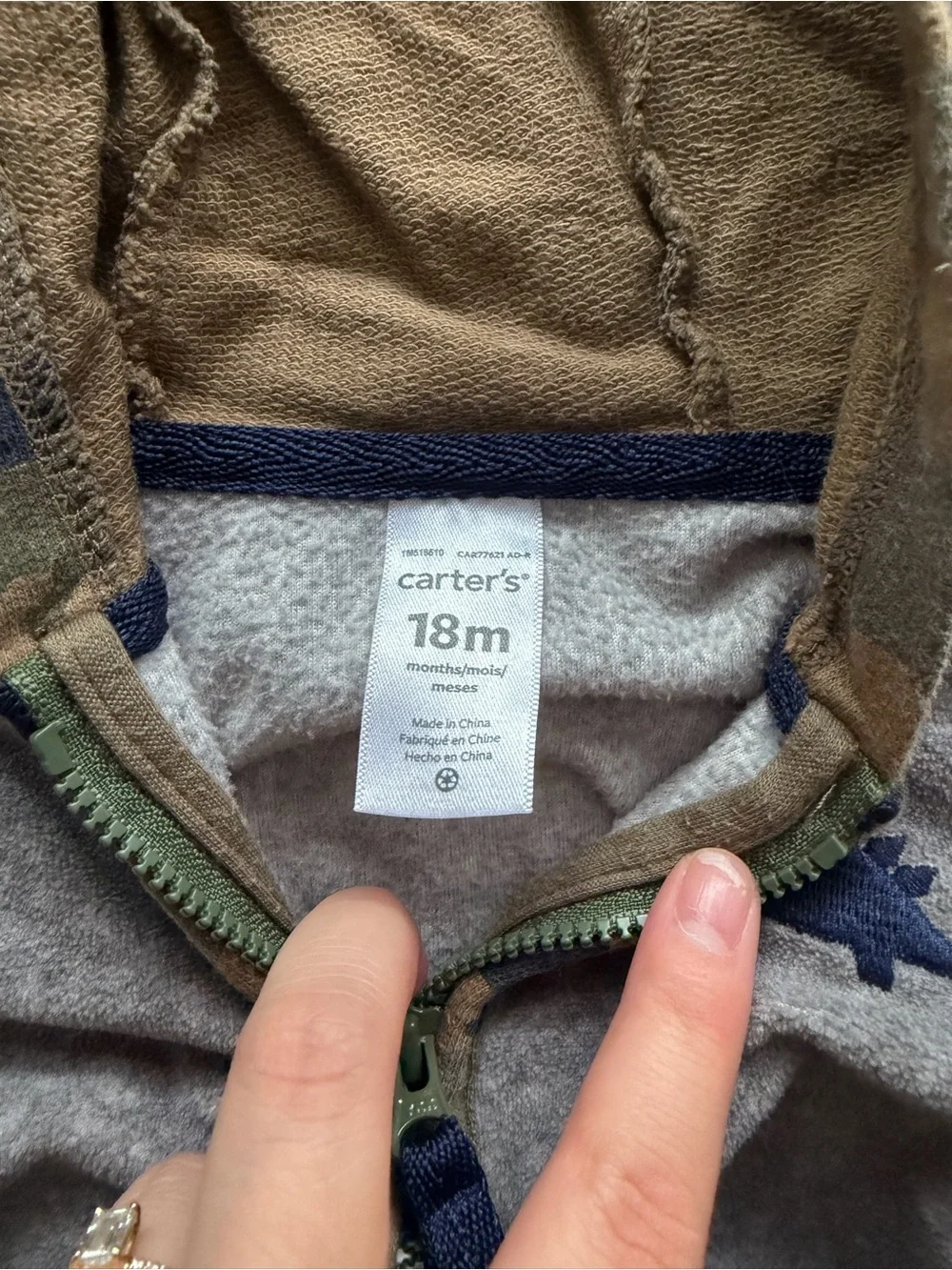 Carter's Beige & Blue Dinosaur Zip Hoodie with Camo Hood